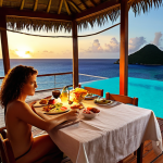 "A secluded overwater bungalow at Petit St. Vincent, St. Vincent and the Grenadines. The bungalow features an infinity pool with panoramic ocean views. A couple enjoys a romantic dinner on the deck as the sun sets."