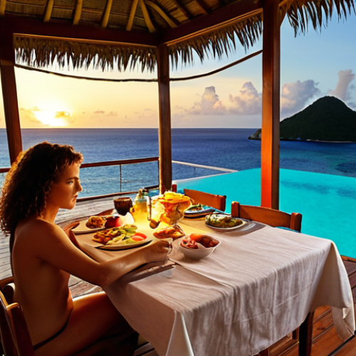 Home 10 "A secluded overwater bungalow at Petit St. Vincent, St. Vincent and the Grenadines. The bungalow features an infinity pool with panoramic ocean views. A couple enjoys a romantic dinner on the deck as the sun sets."