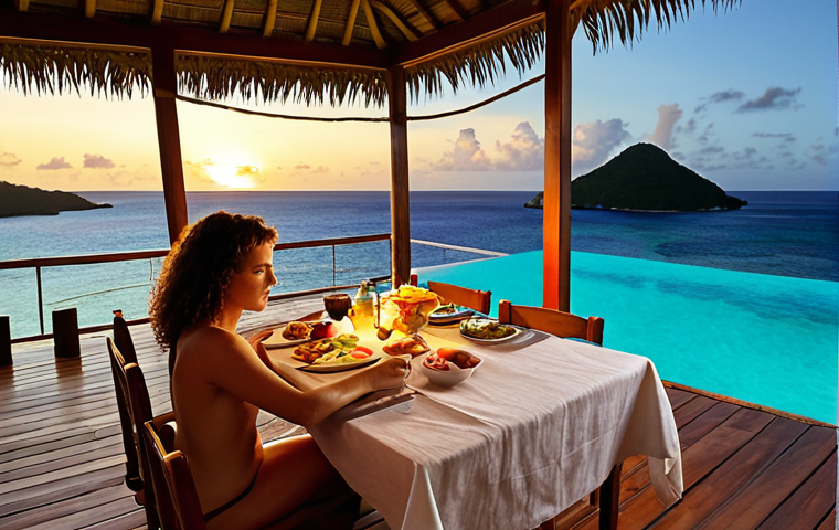 "A secluded overwater bungalow at Petit St. Vincent, St. Vincent and the Grenadines. The bungalow features an infinity pool with panoramic ocean views. A couple enjoys a romantic dinner on the deck as the sun sets."