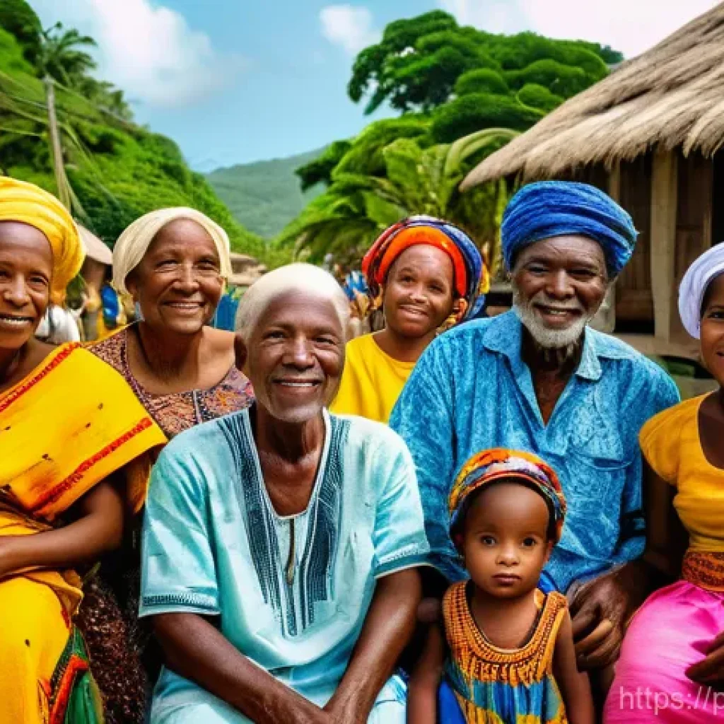 세인트빈센트 그레나딘의 원주민과 문화 - A vibrant depiction of Garifuna families across generations (grandparents, parents, teenagers, and c...