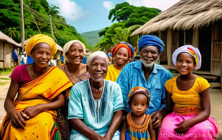 세인트빈센트 그레나딘의 원주민과 문화 - A vibrant depiction of Garifuna families across generations (grandparents, parents, teenagers, and c...