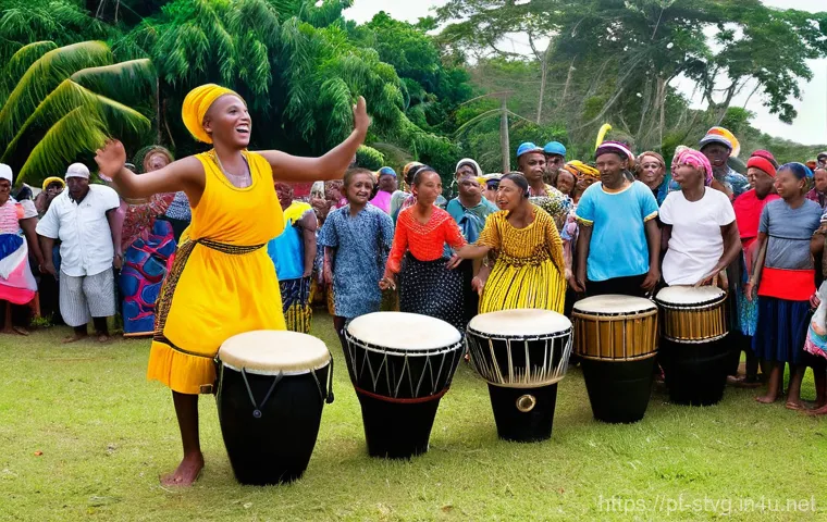 세인트빈센트 그레나딘의 원주민과 문화 - A lively Garifuna culinary scene featuring a group of women and men (all modestly dressed) preparing...
