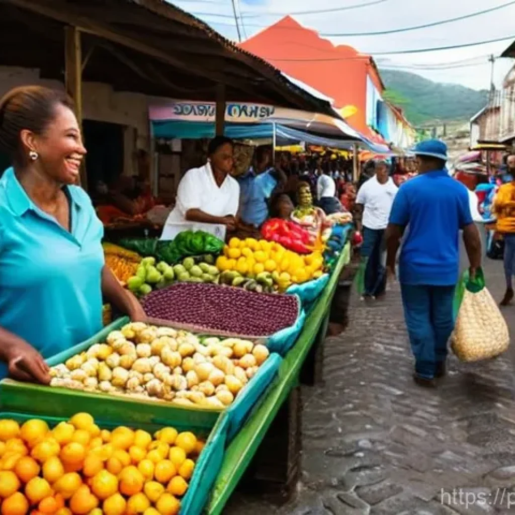 세인트빈센트 그레나딘에서의 배낭여행 팁 - **Vibrant Kingstown Market Scene:**
    A bustling outdoor market in Kingstown, St. Vincent, filled ...
