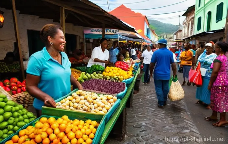 세인트빈센트 그레나딘에서의 배낭여행 팁 - **Vibrant Kingstown Market Scene:**
    A bustling outdoor market in Kingstown, St. Vincent, filled ...