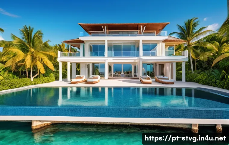 세인트빈센트 그레나딘의 부동산 시장 - A vibrant, sunlit Caribbean coastal scene featuring a luxurious beachfront villa with panoramic ocea...