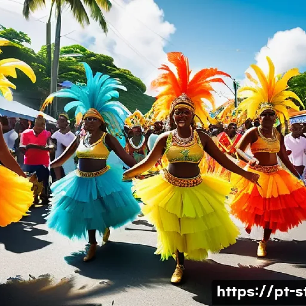 세인트빈센트 그레나딘의 음악과 춤 - A vibrant street carnival scene in Saint Vincent and the Grenadines, featuring dancers in colorful t...