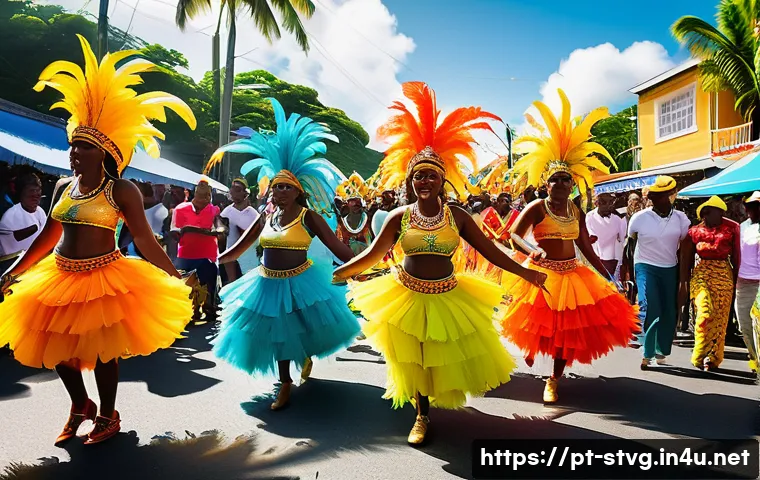 세인트빈센트 그레나딘의 음악과 춤 - A vibrant street carnival scene in Saint Vincent and the Grenadines, featuring dancers in colorful t...