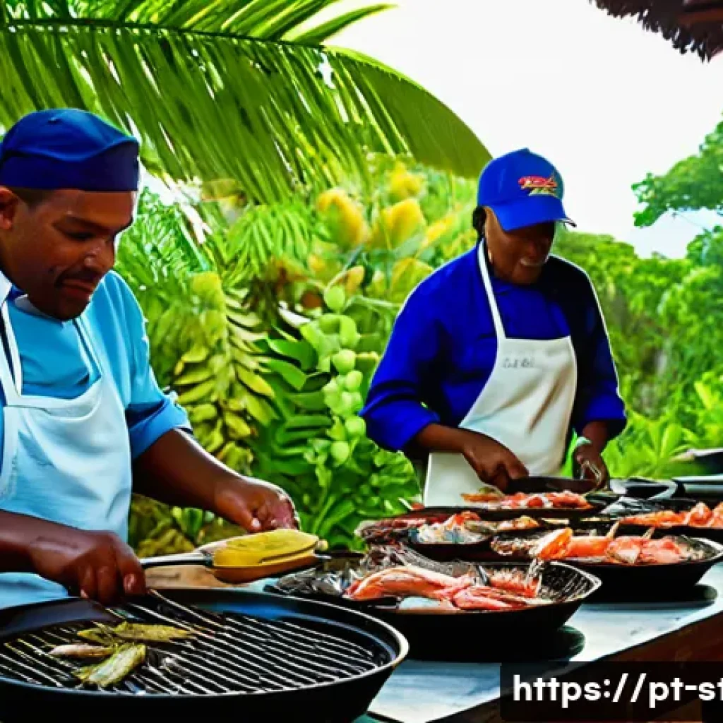 세인트빈센트 그레나딘에서 배우는 현지 요리 클래스 - A vibrant Caribbean kitchen scene showcasing a local chef grilling fresh seafood including shrimp, l...