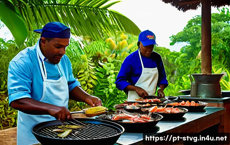 세인트빈센트 그레나딘에서 배우는 현지 요리 클래스 - A vibrant Caribbean kitchen scene showcasing a local chef grilling fresh seafood including shrimp, l...