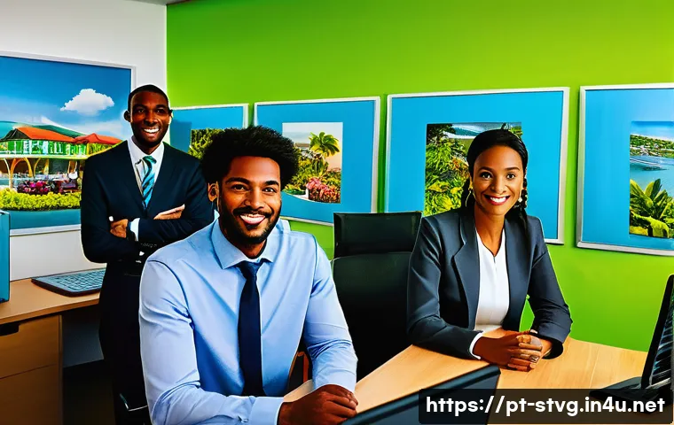 세인트빈센트 그레나딘에서 외국인 노동자 정책 - A vibrant office scene in Saint Vincent and the Grenadines showcasing a diverse group of professiona...