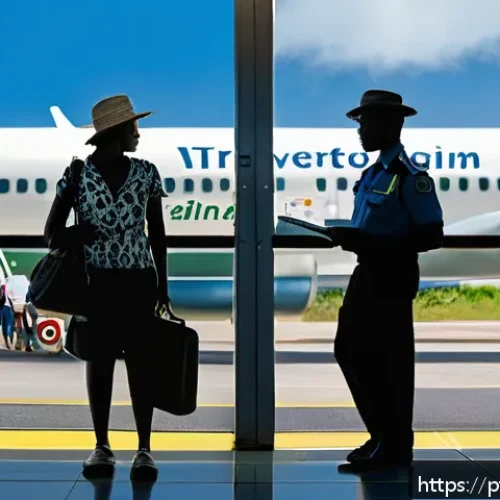Home 31 세인트빈센트 그레나딘 비자 및 입국 절차 - A detailed airport immigration scene in Saint Vincent and the Grenadines showing a diverse group of ...