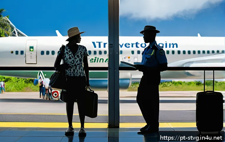 세인트빈센트 그레나딘 비자 및 입국 절차 - A detailed airport immigration scene in Saint Vincent and the Grenadines showing a diverse group of ...