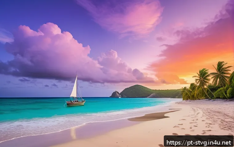 세인트빈센트 그레나딘에서 촬영된 영화 및 드라마 - A breathtaking tropical beach scene at sunset in Saint Vincent and the Grenadines, featuring pristin...