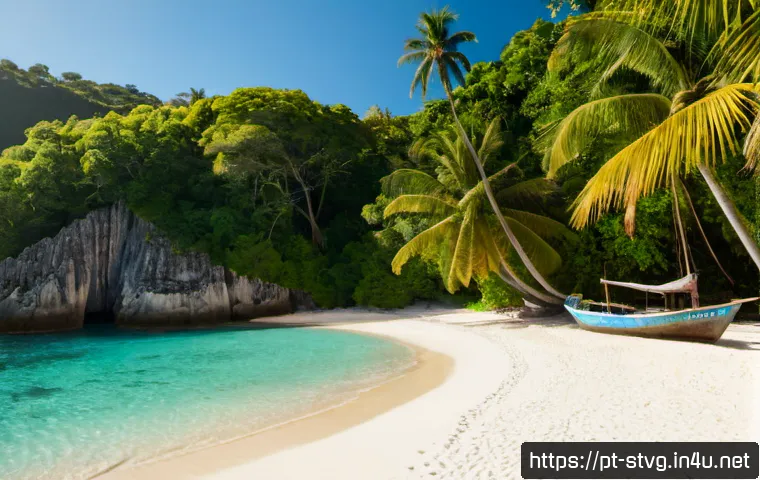 Home 17 토방고 섬의 비밀 해변 - Photorealistic secluded secret beach on a tropical Caribbean island, viewed from a rocky jungle trai...